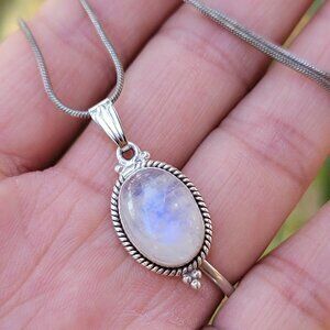 925 sterling silver natural purple blue flash moonstone snake chain necklace